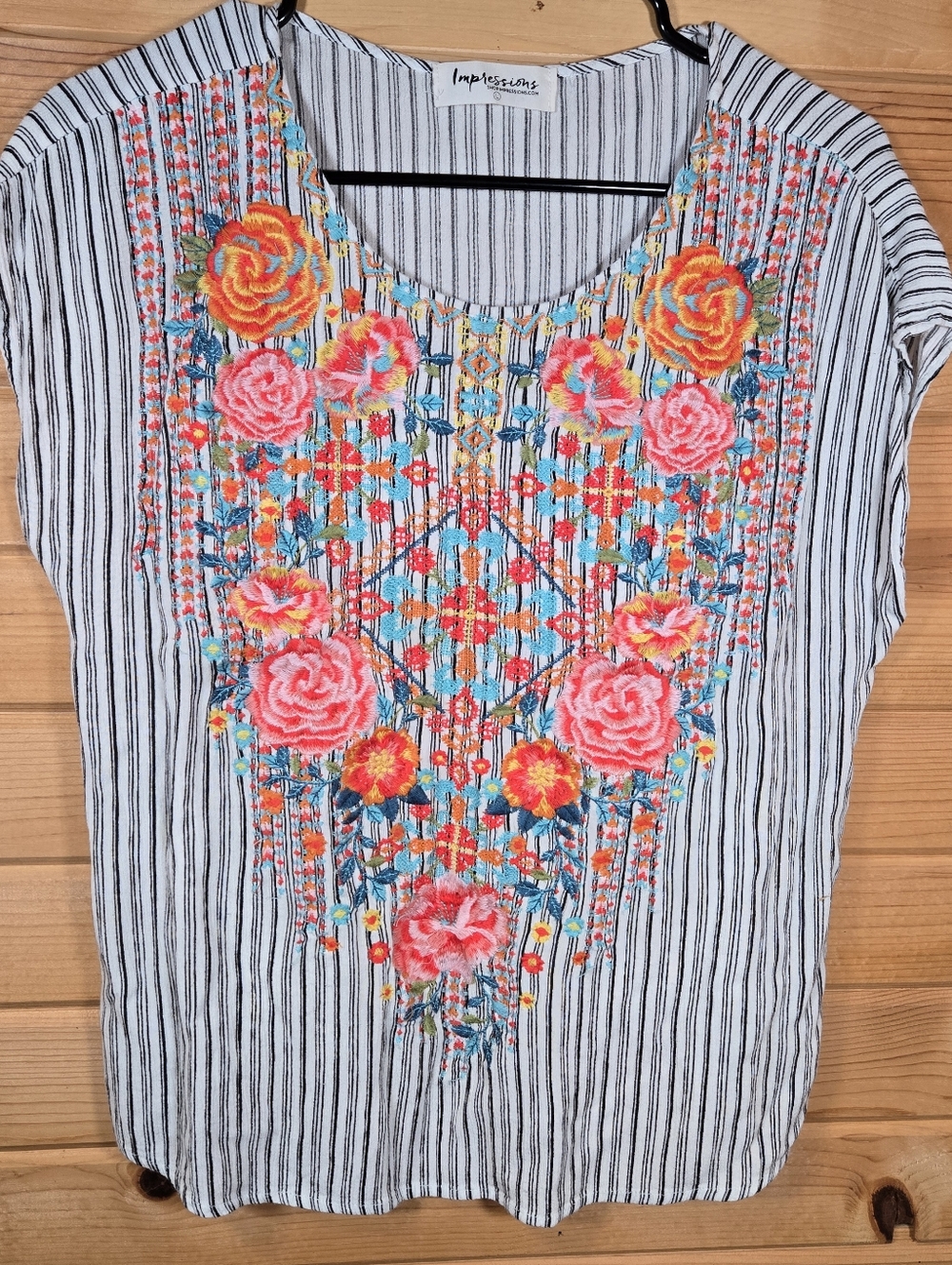 Impressions Striped Tunic with Pink & Turquoise Floral Embroidery Womens Large